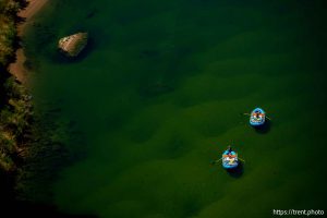 (Trent Nelson  |  The Salt Lake Tribune) Rafts on the Colorado River as seen from Navajo Bridge in Ariz. on Tuesday, May 20, 2025.