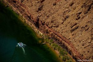 (Trent Nelson  |  The Salt Lake Tribune) Rafts on the Colorado River as seen from Navajo Bridge in Ariz. on Tuesday, May 20, 2025.
