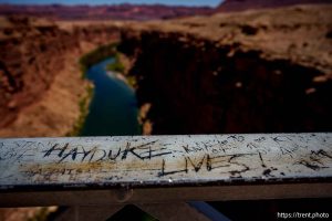 (Trent Nelson  |  The Salt Lake Tribune) Hayduke Lives! The Colorado River, seen from Navajo Bridge in Ariz. on Tuesday, May 20, 2025.