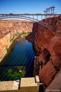 (Trent Nelson  |  The Salt Lake Tribune) High-voltage lines run to transmission towers at Glen Canyon Dam in Page, Ariz., on Tuesday, May 20, 2025.