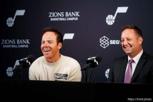 (Trent Nelson  |  The Salt Lake Tribune) Austin Ainge is introduced as the new president of basketball operations for the Utah Jazz at a news conference in Salt Lake City on Monday, June 2, 2025. At left is team owner Ryan Smith.