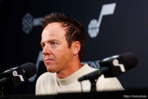 (Trent Nelson  |  The Salt Lake Tribune) Ryan Smith as Austin Ainge is introduced as the new president of basketball operations for the Utah Jazz at a news conference in Salt Lake City on Monday, June 2, 2025.