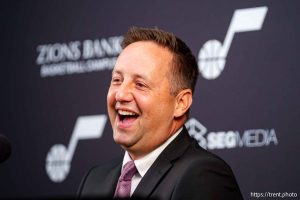 (Trent Nelson  |  The Salt Lake Tribune) Austin Ainge is introduced as the new president of basketball operations for the Utah Jazz at a news conference in Salt Lake City on Monday, June 2, 2025.