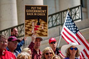 (Trent Nelson  |  The Salt Lake Tribune) Supporters watch Phil Lyman announce a lawsuit to gain access to Utah voting records at a news conference at the Utah Capitol in Salt Lake City on Friday, June 6, 2025.