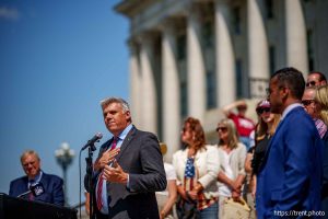 (Trent Nelson  |  The Salt Lake Tribune) Phil Lyman announces a lawsuit to gain access to Utah voting records at a news conference at the Utah Capitol in Salt Lake City on Friday, June 6, 2025.