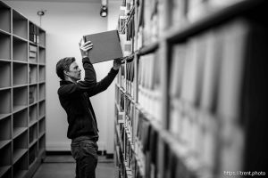 (Trent Nelson  |  The Salt Lake Tribune) Curator Clint Pumphrey with Utah State University's Outdoor Recreation Archive, located at the Merrill-Cazier Library in Logan on Monday, June 9, 2025.