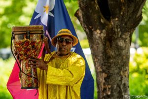 (Trent Nelson  |  The Salt Lake Tribune) Everett Spencer, The Messenger, opens a celebration of Juneteenth National Independence Day at City Hall in Salt Lake City on Tuesday, June 10, 2025.
