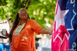 (Trent Nelson  |  The Salt Lake Tribune) Betty Sawyer speaks at a celebration of Juneteenth National Independence Day at City Hall in Salt Lake City on Tuesday, June 10, 2025.