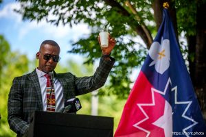 (Trent Nelson  |  The Salt Lake Tribune) Danor Gerald performs the Ancestral Libation Toast at a celebration of Juneteenth National Independence Day at City Hall in Salt Lake City on Tuesday, June 10, 2025.