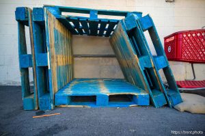 shelter of blue palettes, State Street, Salt Lake City on Saturday, May 31, 2025.