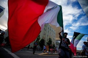 (Trent Nelson | The Salt Lake Tribune) 'No Kings' protest march in Salt Lake City, Saturday, June 14, 2025.