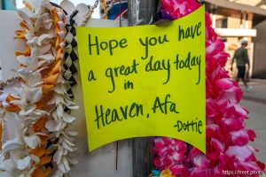 (Trent Nelson  |  The Salt Lake Tribune) A makeshift memorial for Arthur Folasa Ah Loo near the spot where he was killed during a 'No Kings' march on State Street in Salt Lake City on Wednesday, June 18, 2025.