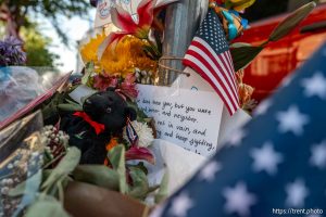 (Trent Nelson  |  The Salt Lake Tribune) A makeshift memorial for Arthur Folasa Ah Loo near the spot where he was killed during a 'No Kings' march on State Street in Salt Lake City on Wednesday, June 18, 2025.
