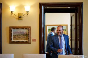 (Trent Nelson | The Salt Lake Tribune) House Speaker Mike Schultz, R-Hooper, meets with reporters at the Utah Capitol in Salt Lake City on Wednesday, June 18, 2025.