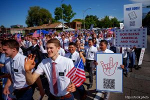 (Trent Nelson  |  The Salt Lake Tribune) Latter-day Saint missionaries from the Utah Provo Mission in the Grand Parade for AmericaÕs Freedom Festival in Provo on Friday, July 4, 2025.