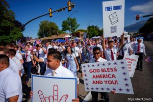(Trent Nelson  |  The Salt Lake Tribune) Latter-day Saint missionaries from the Utah Provo Mission in the Grand Parade for AmericaÕs Freedom Festival in Provo on Friday, July 4, 2025.