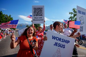 (Trent Nelson  |  The Salt Lake Tribune) Latter-day Saint missionaries from the Utah Provo Mission in the Grand Parade for AmericaÕs Freedom Festival in Provo on Friday, July 4, 2025.