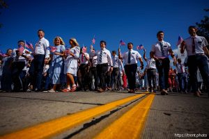 (Trent Nelson  |  The Salt Lake Tribune) Latter-day Saint missionaries from the Utah Provo Mission in the Grand Parade for AmericaÕs Freedom Festival in Provo on Friday, July 4, 2025.