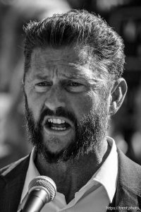 (Trent Nelson  |  The Salt Lake Tribune) 
Jason Preston speaks as people gather in support of Dr. Michael Kirk Moore Jr. in front of the Orrin G. Hatch U.S. Courthouse in Salt Lake City on Friday, July 11, 2025.