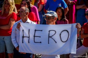 (Trent Nelson  |  The Salt Lake Tribune) 
as people gather in support of Dr. Michael Kirk Moore Jr. in front of the Orrin G. Hatch U.S. Courthouse in Salt Lake City on Friday, July 11, 2025.