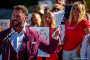 (Trent Nelson  |  The Salt Lake Tribune) Jason Preston speaks as people gather in support of Dr. Michael Kirk Moore Jr. in front of the Orrin G. Hatch U.S. Courthouse in Salt Lake City on Friday, July 11, 2025.