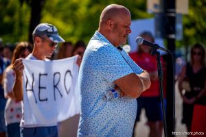 (Trent Nelson  |  The Salt Lake Tribune) 
closing prayer as people gather in support of Dr. Michael Kirk Moore Jr. in front of the Orrin G. Hatch U.S. Courthouse in Salt Lake City on Friday, July 11, 2025.