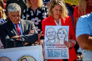 (Trent Nelson  |  The Salt Lake Tribune) Phil Lyman and others bow their heads for the closing prayer as people gather in support of Dr. Michael Kirk Moore Jr. in front of the Orrin G. Hatch U.S. Courthouse in Salt Lake City on Friday, July 11, 2025.