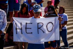 (Trent Nelson  |  The Salt Lake Tribune) 
as people gather in support of Dr. Michael Kirk Moore Jr. in front of the Orrin G. Hatch U.S. Courthouse in Salt Lake City on Friday, July 11, 2025.
