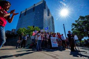 (Trent Nelson  |  The Salt Lake Tribune) People gather in support of Dr. Michael Kirk Moore Jr. in front of the Orrin G. Hatch U.S. Courthouse in Salt Lake City on Friday, July 11, 2025.