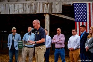 (Trent Nelson  |  The Salt Lake Tribune) Gov. Spencer Cox speaks on efforts to protect Utah's land from foreign influence during a news conference in Spanish Fork on Tuesday, July 15, 2025.