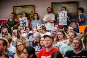 (Trent Nelson  |  The Salt Lake Tribune) Members of the public fill the room as the Utah County Commission hears public comment on a proposed agreement with ICE, in Provo on Wednesday, July 16, 2025.