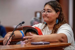 (Trent Nelson  |  The Salt Lake Tribune) Susan Cissoko and her son Sylvain as the Utah County Commission hears public comment on a proposed agreement with ICE, in Provo on Wednesday, July 16, 2025.