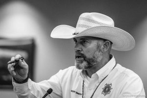 (Trent Nelson  |  The Salt Lake Tribune) Utah County Sheriff Mike Smith speaks before the Utah County Commission votes on a proposed agreement with ICE, in Provo on Wednesday, July 16, 2025.