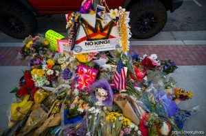 (Trent Nelson  |  The Salt Lake Tribune) A makeshift memorial for Arthur Folasa Ah Loo near the spot where he was killed during a 'No Kings' march on State Street in Salt Lake City on Wednesday, June 18, 2025.