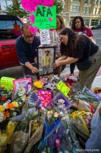 (Trent Nelson  |  The Salt Lake Tribune) Friends and family at the makeshift memorial for Arthur Folasa Ah Loo near the spot where he was killed during a 'No Kings' march on State Street in Salt Lake City on Wednesday, June 18, 2025.