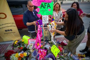 (Trent Nelson  |  The Salt Lake Tribune) Friends and family at the makeshift memorial for Arthur Folasa Ah Loo near the spot where he was killed during a 'No Kings' march on State Street in Salt Lake City on Wednesday, June 18, 2025.