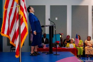 (Trent Nelson  |  The Salt Lake Tribune) Rep. Jake Fitisemanu, R-West Valley City, lets out a fa'aumu (celebratory yell) at a naturalization ceremony in Kearns on Tuesday, Aug. 5, 2025.
