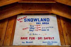 (Trent Nelson  |  The Salt Lake Tribune) Signs in the Nelson Lodge at Snowland ski area in Fairview Canyon on Tuesday, Aug. 12, 2025.