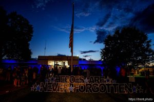 (Trent Nelson  |  The Salt Lake Tribune) A vigil is held in Tremonton on Tuesday, Aug. 19, 2025 to honor two city police officers who were killed and a sheriff’s deputy who was wounded two days earlier in a shooting.