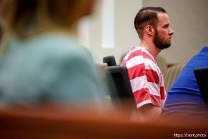(Trent Nelson  |  The Salt Lake Tribune) Adam Richard Jacobs during his sentencing in Farmington on Thursday, Aug. 21, 2025. Jacobs was sentenced for 17 state-level charges related to videos he made by placing a hidden camera in a bathroom at a gymnastics gym.