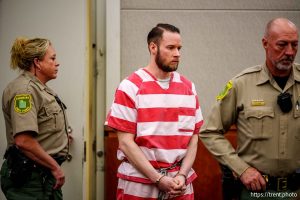 (Trent Nelson  |  The Salt Lake Tribune) Adam Richard Jacobs arrives for his sentencing in Farmington on Thursday, Aug. 21, 2025. Jacobs was sentenced for 17 state-level charges related to videos he made by placing a hidden camera in a bathroom at a gymnastics gym.