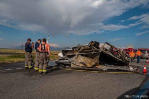 waiting as I-80 shut down after tanker fire near Grantsville on Friday, Aug. 29, 2025.