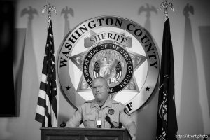 (Trent Nelson  |  The Salt Lake Tribune) Washington County Sheriff Nate Brooksby describes the surrender of Tyler Robinson at a news conference in Hurricane on Wednesday, Sept. 17, 2025.