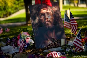 (Trent Nelson  |  The Salt Lake Tribune) Memorials to Charlie Kirk at Utah Valley University in Orem on Monday, Sept. 29, 2025.