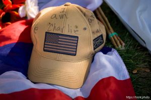 (Trent Nelson  |  The Salt Lake Tribune) Memorials to Charlie Kirk at Utah Valley University in Orem on Monday, Sept. 29, 2025.