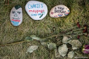 (Trent Nelson  |  The Salt Lake Tribune) Memorials to Charlie Kirk at Utah Valley University in Orem on Monday, Sept. 29, 2025.