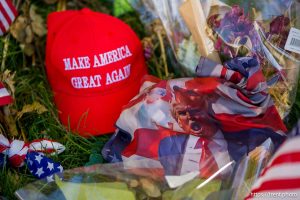 (Trent Nelson  |  The Salt Lake Tribune) Memorials to Charlie Kirk at Utah Valley University in Orem on Monday, Sept. 29, 2025.