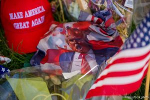 (Trent Nelson  |  The Salt Lake Tribune) Memorials to Charlie Kirk at Utah Valley University in Orem on Monday, Sept. 29, 2025.
