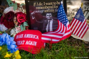 (Trent Nelson  |  The Salt Lake Tribune) Memorials to Charlie Kirk at Utah Valley University in Orem on Monday, Sept. 29, 2025.