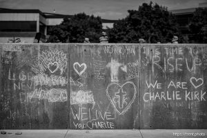 (Trent Nelson  |  The Salt Lake Tribune) Memorials to Charlie Kirk at Utah Valley University in Orem on Monday, Sept. 29, 2025.